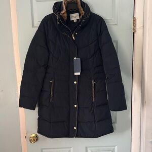 Cole Haan Women's Navy Puffer Jacket with Gold Accents